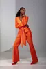 Costumes pantalons Orange vif pour femmes, 2 pièces, veste Blazer pour dames, vêtements d'invités avec ceintures, défilé de mode d'été