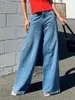 Calças femininas moda mulheres denim solto elástico casual cor sólida perna larga calças de brim com bolsos streetwear XS-L