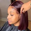 Haar Pruiken 99j Bordeaux Korte Rechte Bob Menselijk Brazilië Pruik Lace Front Pre Geplukt T Deel Remy 240306