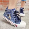 2024 Bottom Up Lace Flat Board Casual Denim Cloth Spring and Autumn Breathable New Canvas Shoes High Top Female Students 19210 19107