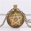 Colliers pendentifs Mode Vintage Mystérieux Pentagramme Cercle Verre Médaillons Pendentif Colliers Pour Femmes Et Hommes Uni Sorcellerie Collier Dhglw