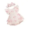 女の子のドレス幼児の赤ちゃん2ピースセットノースリーブネックフリルフリルトリムタンクトップロンパードレスフラワープリントヘッドバンド幼児服