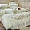 Beddengoed sets prinses chiffon kanten luxe groene Egyptische katoenbloemen borduurwerk dekbedden met bed blad kussencases 2024 drop levering dhfua