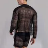 Sexy Lace Hollow Out Suit Fashion Long Sleeve Shirt Casual Shorts MenS Clothing Solid Color Matching Summer For Male 240228