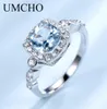 Umcho Real S925 Srebrne pierścienie dla kobiet Blue Topaz Pierścień szlachetny Akwamarynowa poduszka Romantyczna biżuteria zaręczynowa Y19068192867