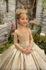 Gold Flower Girl Dress Princess Illusion Sleeve met strikknoppen Luscious Rok Verjaardag Wedding Party Kids Bruidsmeisje