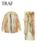 Pakken TRAF Vrouw Tie Dye Rokken Set Lange Shirt Vrouwen Semi Transparante Button Up Shirt + Tie Dye Pareo Wikkelrok Damesrokken