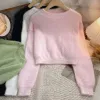 Pullovers fluffy pullover kvinna koreansk mode rund hals långärmad tröja kvinnor förlorar avslappnad söt stickad topp kvinnlig dropshipping