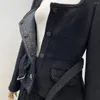 Lässige Kleider 2024 Hochwertige Tweed-Jacke Patchwork-Falte geraffte Langarm-Frauen-Midikleid mit Gürtel