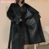 Mélanges hiver long manteau de laine surdimensionné pour les femmes revers lâche rembourré peluche imitation vison manteau élégant noir femmes vêtements streetwear