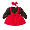 Girl Dresses Toddler Valentines Day Dress Heart Print Long Puff Sleeve Bow Decor Ruffle Baby Suspender Headbands