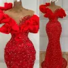 Elegante plus size Arabisch Arabisch Aso Ebi Red Mermaid Sparkly Prom Dresses Sheer Neck Evening Formeel feest tweede receptie verjaardag verloving jurken bc