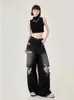 High Street Perforated Jeans Summer INS Fashion Brand Straight Tube Loose Sweeping Wide Leg Pants 240229
