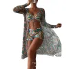 Set Dames Zomer 3PCS Contrast Luipaardprint Trekkoord Bikini Set Met Cover Ups Draadloze BH