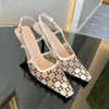 Designer backless high heels for women Dress Shoes Sandals Leather mesh Crystal Diamond metal buckle low heel square toe pointy print ankle party slippers