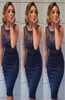 Moderne 2019 Marineblau Knielange Kurze Cocktailkleider Applikation Spitze Top Mantel Spalte Party Abendkleider Elegante Frauen Dress7838459