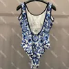 Floral Printed Beachwear Lady Backless Swimwear Blue Swimsuit One Piece Women Beach Bathing Suit