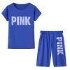 Set Fanco Casual Pink Letter Print Women Two Piece Set New Summer Rompers Sexiga randiga tshirts och smala byxor 2 st.