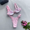 Sexy flor brilhante rosa push up bikini 2024 mulheres banho underwired maiô de corte alto enrugado conjunto biquini