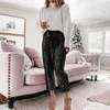 Women's Pants Women Fashion Wide Leg High Waisted Ruffle Sequin Cloth Sexy Style Foot Tape Trousers 2024 Pantalones De Mujer