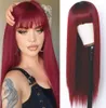 Perruques rouges pleine frange soignée longue perruque droite soyeuse résistant à la chaleur cheveux en fibres synthétiques racines foncées couleur ombrée sans colle pleine Machine 3929256