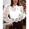 Camisa elegante renda branca flor bordado blusas recortadas malha sheer puff manga arco onda borda colheita topo feminino chique camisas femininas 2023