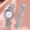 Orologio da donna di alta qualità con cinturino in acciaio al quarzo, set di moda di lusso con diamanti. Orologio da polso con diamanti intarsiati con motivo romano