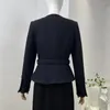 Vestidos casuais 2024 de alta qualidade tweed jaqueta retalhos plissado ruched manga longa cinto mulheres midi vestido