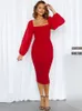 Mozision Elegant Long Sleeve Backless Midi Dress Women Autumn Two Layer Mesh Square Collar BodyCon Club Party Sexig klänning 240304