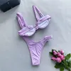 Sexy flor brilhante rosa push up bikini 2024 mulheres banho underwired maiô de corte alto enrugado conjunto biquini