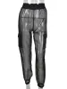 Capris Seksi Siyah Mesh Seethrough Hight Bel Kargo Pantolon Organza Sweatpants Moda Seum Seum Yeni Gevşek Pantolon Kadınlar Şeffaf