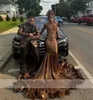 Satin Elegant Brown Mermaid Prom Dresses For Black Girl 2024 Med Glitter Diamond Crystal Evening Födelsedagsmottagningsklänningar Robe de Bal 322