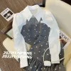 Dresses Casual White Cutout Shirt Women Long Sleeve Blouse Top Love Print Knee Grey Fishtail Skirt Sets 2023 Fall Two Outfits