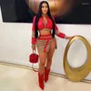 Jupes deux pièces ensemble femmes PU cuir couleur Patchwork col montant fermeture éclair manches longues vestes haut court fendu Streetwear Mini