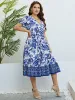 Dresses Women Plus Size Summer Short Sleeve Floral Dresses Female Elegant Loose Party Long Dress Holiday Casual Vneck Aline Dress