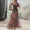 Sıradan Elbiseler Seksi A-Line Geciken Elbise Zarif Bir Omuz Boya Topu Kabarcık Kollu Bölünmüş Hem Kadın Elbise
