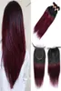 Brazilian Ombre Burgundy Human Hair Bundles With Closure Colored 1B99J Brazilian Straight Virgin Hair Weave Extensions With Lace 9860833