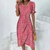 ドレス2023夏夏の新しい非対称のアラインドレスエレガントなスリムフィットプルオーバーセクシーなVニックボタンプラスサイズプリント半袖ドレス