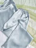 Однотонный атласный пижамный комплект с воротником на шнурке, топ на бретельках, брюки с эластичным поясом, женские пижамы, повседневная одежда 240306