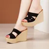 Slippers Small Size 32-43 Sexy Flock Leather Platform Shoes Wedges Women 2024 Summer High Heels Slides For Beach Office