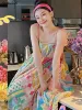 Kleid Ärmellose Kleider Frauen Bunte Süße Design Midi Vestidos Koreanischen Stil Casual Empire Mode Damen Sommer Urlaub Kreativität