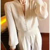 Women's Knits Pink Cashmere Cardigan For Women 2024 Sexy V Neck Puff Sleeve Lavender Sweater Elegant Pearls Button White Black Knitwears