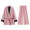Costumes 2023 imprimé géométrique plume Kimono manteau avec ceintures mode dames pantalons à jambes larges pyjamas costumes rose deux pièces ensemble