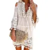 Robe Sexy femmes Robe droite à manches longues gland frange dentelle Robe sans bretelles col en V profond femme été décontracté Boho vacances Dresse chaude