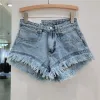Jeans orange denim shorts kvinnor gröna heta byxor 2023 sommar kvinnkläder allmatch ins mode wideleg rippade tofs