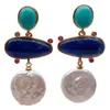 Boucles d'oreilles YYGEM géométrique naturel Sodalite culture pièce blanche perle Turquoise avec bord galvanisé pour les femmes
