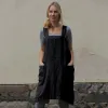 Dress Vintage Cottage Home Garden Double Pockets Solid Apron Pinafore Dress Casual Loose Fit Dress for Women HSJ88