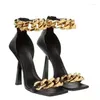 Sandals 2024summer Pumps Fashion Chain Slippers Shoes Women Thin High Heels Slip on Square Toe Slides Sandal Lady Pump Mul