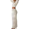 Womens 2 Piece Summer Outfits Sleeve Cross-bindning Front Knit Crop Tops Lång kjol Set Loungewear