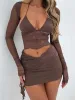 Suits 3 Piece Sets Women Summer Floral Lace Halter Corset Tank Tops + Mesh Long Sleeve Shrug + Mini Skirts Sets Vintage Sexy Clubwear